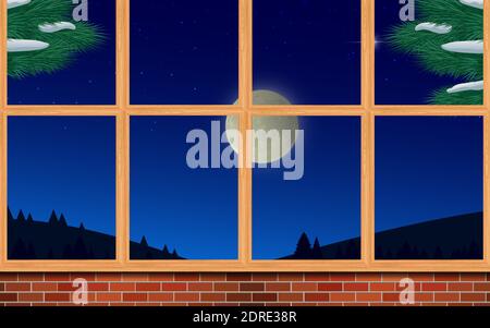 Landschaft des Berges an Fenstern im Vollmond Nacht im Winter Stock Vektor