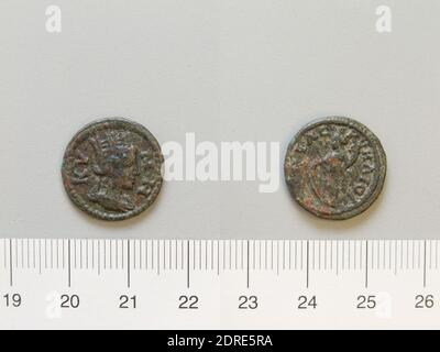 Herrscher: Baldrian, Kaiser von Rom, ca. 190–260 n. Chr., 253–60 regiert, Herrscher: Gallienus, Kaiser von Rom, ca. 218–268 n. Chr., regiert 253–68, Münzstätte: Kyme, Münze von Valerian, Kaiser von Rom; Gallienus, Kaiser von Rom von Kyme, ca. 253–68 n. Chr., Kupfer, 2.5 g, 6:00, 18 mm, hergestellt in Cyme, griechisch, 3. Jahrhundert n. Chr., Numismatik Stockfoto