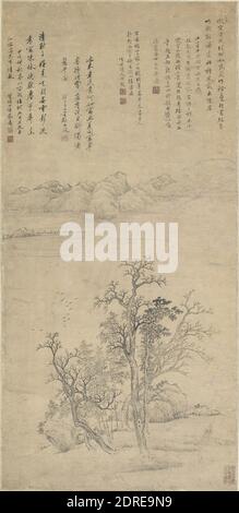 Künstler: Cai Yuan, Landschaft mit winterlichen Bäumen, hängende Schriftrolle, Tinte auf Papier, 40 1/2 × 19 5/8 Zoll (102.9 × 49.8 cm), China, Chinesisch, Qing-Dynastie (1644–1911), Gemälde Stockfoto