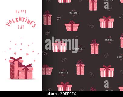 Happy Valentines Day Karte mit rosa Geschenkschachteln. Niedliches romantisches Nahtmuster. Stock Vektor
