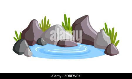 Wasserpaddel umgeben von Steinen und Gras. Natürliche Szene mit Süßwasser Paddel. Vektorgrafik im Cartoon-Stil Stock Vektor