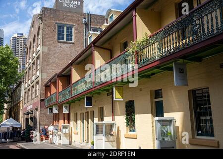 The Rocks Sydney Kolonialarchitektur und Gebäude entlang der Play Fair Street, auch bekannt als Argyle Terrace, Sydney, NSW, Australien Stockfoto