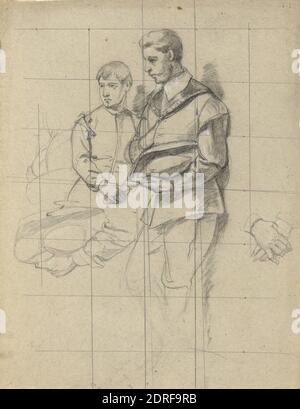 Künstler: Edwin White, Amerikaner, 1817–1877, zwei Figuren, Skizze zur Unterzeichnung des Compact in the Cabin of the Mayflower, Crayon, Graphit und weiße Kreide, Blatt: 30.5 × 23.5 cm (12 × 9 1/4 in.), hergestellt in den Vereinigten Staaten, Amerikaner, 19. Jahrhundert, Arbeiten auf Papier - Zeichnungen und Aquarelle Stockfoto