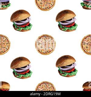Nahtloses Aquarellmuster von Pizza und Burgern auf weißem Hintergrund. Nahtloses Aquarell Muster Hintergrund mit Fastfood Stockfoto