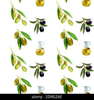 Aquarell Muster grünen Olivenbaum Zweig Blätter und Ölglas Flasche auf transparentem Hintergrund Stockfoto