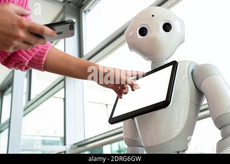 Eine Frau kommuniziert mit einem Roboter Berater Stockfoto