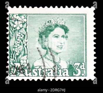 MOSKAU, RUSSLAND - 10. FEBRUAR 2019: Eine in Australien gedruckte Briefmarke zeigt Queen Elizabeth II., Serie, um 1959 Stockfoto