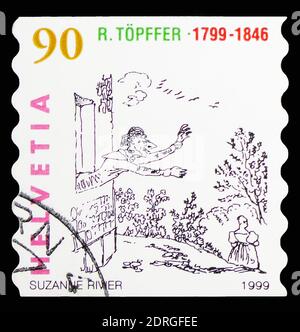MOSKAU, RUSSLAND - 10. FEBRUAR 2019: Eine in der Schweiz gedruckte Briefmarke zeigt Zeichnungen von "die Liebesabenteuer von Monsieur Vieux Bois", Rodolphe Töpffer Stockfoto