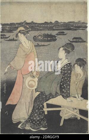 Künstler: Kitagawa Utamaro, japanisch, 1753–1806, Kawabiraki Night Festival: Blick auf den Sumida-Fluss, 18. Jahrhundert, Ukiyo-e, polychromer Holzschnitt, einer von Tryptich, Blatt: 14 15/16 × 9 15/16 Zoll (38 × 25.2 cm), Japan, Japanisch, Edo-Zeit (1615–1868), Arbeiten auf Papier - Drucke Stockfoto