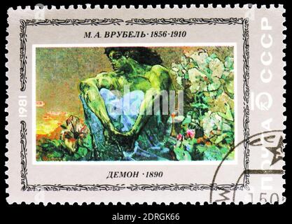 MOSKAU, RUSSLAND - 10. FEBRUAR 2019: Eine in der Sowjetunion gedruckte Briefmarke zeigt 'Demon' M.A. Vrubel, Russische Gemäldeserie, um 1981 Stockfoto