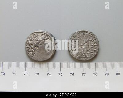 Münzstätte: Antiochia, Magistrat: L. Staius Murcus, Tetradrachm von Antiochia, 45/44 v. Chr., Silber, 11.61 g, 12:00, 26.5 mm, hergestellt in Antiochia, Syrien, ausgegraben in Dura-Europos, römisch, 1. Jahrhundert v. Chr., Numismatik Stockfoto