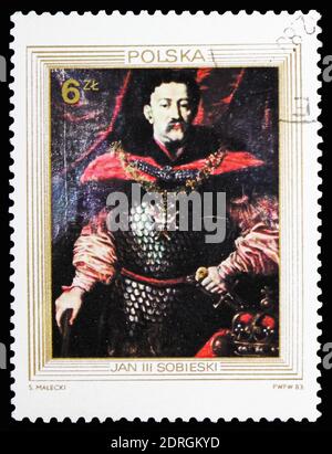 MOSKAU, RUSSLAND - 10. FEBRUAR 2019: Eine in Polen gedruckte Briefmarke zeigt Unbekannter Hofmaler, Königsporträts King John III Sobieski Serie, um 1983 Stockfoto