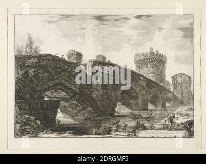 Künstler: Giovanni Battista Piranesi, italienisch, 1720–1778, Veduta del Ponte Lugano su l’Anione (Blick auf Ponte Lugano auf dem Anio), aus Vedute di Roma, Radierung, Platemark: 45.4 × 65.5 cm (17 7/8 × 25 13/16 in.), Made in Italy, italienisch, 18. Jahrhundert, Arbeiten auf Papier - Drucke Stockfoto