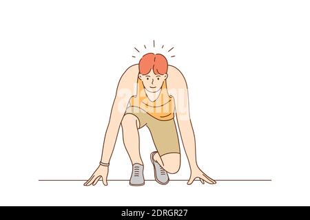 Sport, Laufen, Wettkampfkonzept. Junger Mann Sportler Sportler Sportler sitzen am Start und bereit, laufen Vektor-Illustration starten. Wettbewerbsfähige Spiele und Stock Vektor