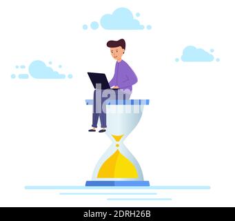 Büromitarbeiter sitzt auf einer Sanduhr und arbeitet an einem Laptop-Geschäftsprozess, Frist, Eile Arbeit. vektor-Illustration in modernen flachen Stil Stock Vektor