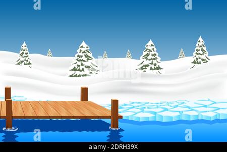 Landschaft von Holzbrücke auf dem Gletscher an der geographischen Mast Stock Vektor