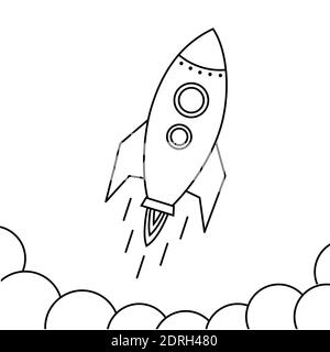 Färbung Kind ook. Raketenfliege-Symbol. Design Raketenschiff in Schwarz und Weiß linearen Stil. Start-up Business. Vektorgrafik isoliert auf weiß. Stock Vektor