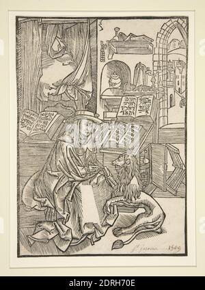 Nach: Albrecht Dürer, deutsch, 1471–1528, Heiliger Hieronymus, der den Thorn aus der Löwenpfote extrahiert, Holzschnitt, Block: 19.4 × 13.7 cm, 5/8 Made in Germany, deutsch, 16. Jahrhundert, Arbeiten auf Papier - × 3/8 Drucke Stockfoto