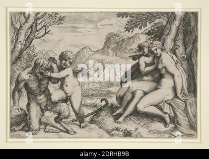 Künstler: Agostino Carracci, italienisch, 1557–1602, Pan gedämpft von Amor, Gravur, Platemark: 12.7 × 18.9 cm (5 × 7 7/16 in.), italienisch, 16. Jahrhundert, Arbeiten auf Papier - Drucke Stockfoto