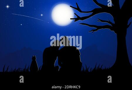 Ein Paar Mann und Frau sitzen unter Baum mit Mond Am Himmel bei Nacht Design Vektor Illustration Stock Vektor