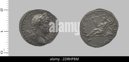 Herrscher: Hadrian, Kaiser von Rom, 76–138 n. Chr., regiert 117–38, Münzstätte: Rom, Denar von Hadrian, Kaiser von Rom, 119–22, Silber, 3.3 g, 8:00, 19. Mm, Made in Rome, Italy, Roman, 2. Jahrhundert, Numismatik Stockfoto