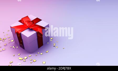 Eine Weihnachts-Geschenkbox mit einem roten Band auf einem minimalen 3D-Illustration Hintergrund. Ein stilvoller Hintergrund für Weihnachtswerbung mit Platz für Text Stockfoto