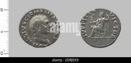 Herrscher: Aulus Vitellius, Kaiser von Rom, 15–69 n. Chr., regiert 68–69 n. Chr., Münzstätte: Rom, Denarius von Aulus Vitellius, Kaiser von Rom, 69, Silber, 3.00 g, 6:00, 18 mm, Made in Rome, Italy, Roman, 1. Jahrhundert n. Chr., Numismatik Stockfoto