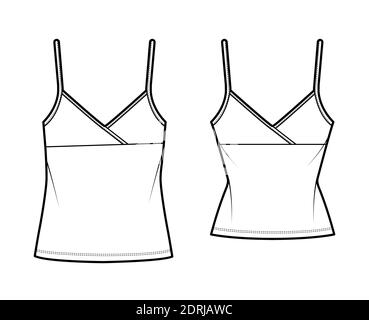 Set von Camisoles Surplice Tank Top technische Mode Illustration mit Empire-Naht, verstellbare Träger, schlanke oder übergroße Passform, Tunika Länge. Flache Vorlage vorne zurück weiße Farbe. Frauen Männer CAD Mockup Stock Vektor