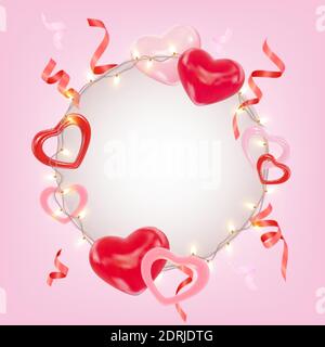 Valentinstag Hintergrund mit rosa und roten Herzen, glänzende Girlanden, Lametta. Süße romantische Komposition für Grußkarte, Banner, Hochzeitseinladung Stock Vektor