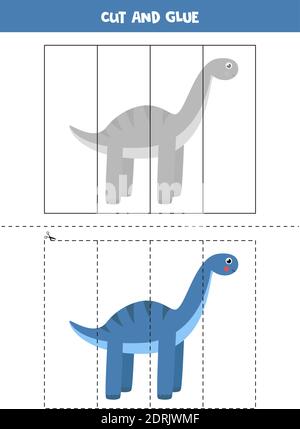 Schneiden und kleben Spiel für Kinder. Süßer blauer Dinosaurier. Schneidpraxis für Vorschulkinder. Lernarbeitsblatt für Kinder. Stock Vektor