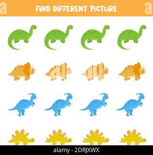 Finden Sie ein anderes Bild von Dinosaurier in jeder Reihe. Pädagogische logische Spiel für Kinder. Stock Vektor