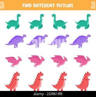 Finden Sie ein anderes Bild von Dinosaurier in jeder Reihe. Pädagogische logische Spiel für Kinder. Stock Vektor