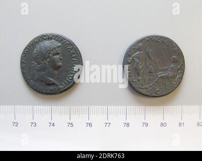 Herrscher: Nero, Kaiser von Rom, Roman, 37–68 n. Chr., regiert 54–68 n. Chr., Münzstätte: Rom, Sestertius von Nero, Kaiser von Rom, 66, Orichalcum, 21.46 g, 8:00, 34 mm, römisch, 1. Jahrhundert n. Chr., Numismatik Stockfoto