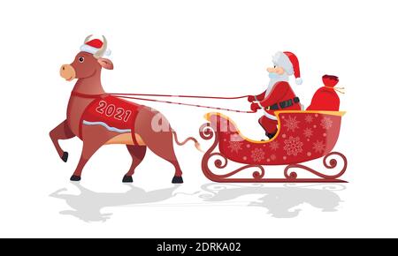 Weihnachtsmann mit roter Tasche reitet großen Stierschlitten auf weißem Natur Hintergrund. Stock Vektor