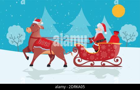 Weihnachtsmann mit roter Tasche reitet großen Stierschlitten auf Weihnachten Stock Vektor