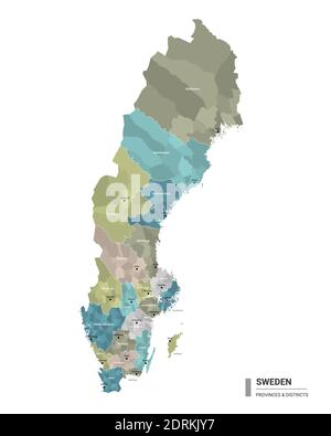 Schweden hat detaillierte Karte mit Unterteilungen. Verwaltungskarte von Schweden mit Bezirken und Stadtnamen, farbig nach Bundesstaaten und Verwaltungsbezirk Stock Vektor