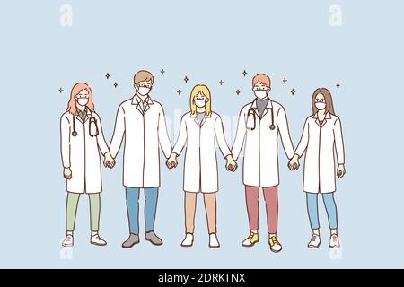 Ärzte Teamarbeit, vereint Anstrengungen gegen COVID-19 Pandemiekonzept. Gruppe von jungen Ärzten in schützenden medizinischen Gesichtsmasken stehen und halten Hand Stock Vektor