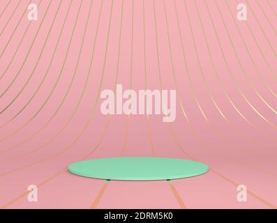 Minimalistische Szene in Rosa und Grün. Pastellgrün Laufsteg auf rosa und Gold gestreiften Hintergrund. 3D-Rendering Stockfoto