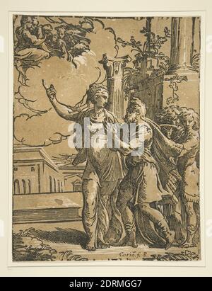 Holzfäller: Antonio da Trento, italienisch, 1508–1550, nachher: Parmigianino, italienisch, 1503–1540, Augustus und die Tiburtin Sibyl, zweiblockförmiger Holzschnitt aus Chiaroscuro, Blatt: 34.61 × 26.99 cm (13 5/8 × 10 5/8 in.), Made in Italy, italienisch, 16. Jahrhundert, Arbeiten auf Papier - Drucke Stockfoto