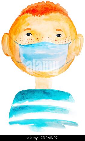 Porträt von niedlichen roten Kind Jungen in medizinischen Schutzmaske. Aquarell-Illustration von Hand gezeichnet. Stockfoto