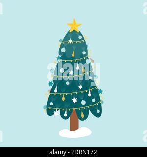 Frohe Weihnachten. Weihnachtsbaum mit Stern. Dekoration, Ornamente, Bälle und Weihnachtslichter auf dem Baum. Vektor-Illustration, flaches Design Stock Vektor