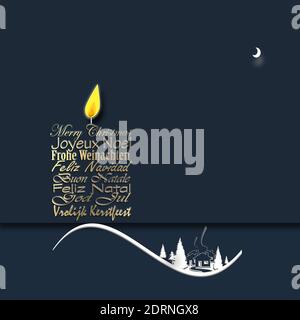 Weihnachtsfeiertag Weihnachten Neujahrskarte mit Winterlandschaft, Text Frohe Weihnachten in europäischen Sprachen Französisch, Deutsch, Portugiesisch, Italienisch, Stockfoto