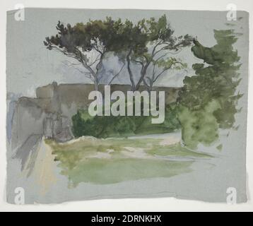Künstler: Edwin Austin Abbey, amerikanisch, 1852–1911, M.A., 1897, Studie der Landschaft mit Bäumen und Steinmauer, Schwarze Kreide, Aquarell, Blau gelegt, 38.4 × 47.6 cm (15 1/8 × 18 3/4 in.), Made in United States, amerikanisch, 19. Jahrhundert, Arbeiten auf Papier - Zeichnungen und Aquarelle Stockfoto