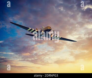 RAF Battle of Britain Memorial Flight C-47 Dakota 'Kwicherbichen' beim Newcastle Festival of Flight, Nordirland, Juni 2019. Zusammengesetztes Bild. Stockfoto