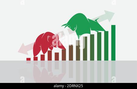 Vektor von Stier und Bär Symbole der Börsen-Trends. Der wachsende und fallende Markt. Wilde Tiere. Leicht editierbare Vektorgrafik mit Ebenen. Stock Vektor