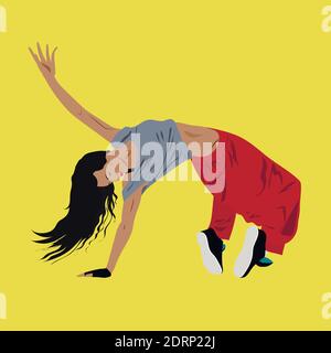 Junge Frau tanzen Hip-Hop oder Break-Dance auf dem Boden, Vektor-Cartoon Banner oder Illustration Stock Vektor
