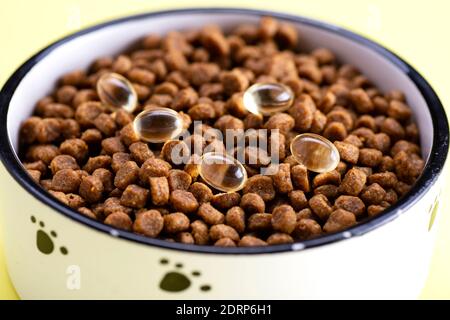 Katzenfutter mit Tabletten in einer Schüssel. Vitamine für Katzen. Behandlung von Katzen. Stockfoto