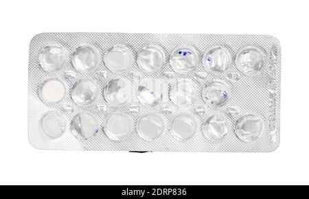 Leere Blisterpackung mit Tabletten isoliert auf weißem Hintergrund. Packung Pillen ohne Tabletten. Stockfoto