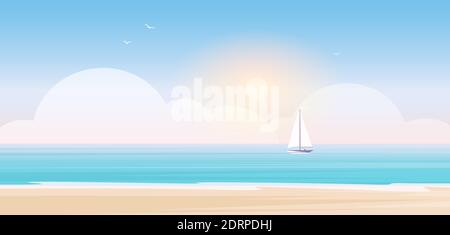 Vektorgrafik Strandlandschaft. Cartoon Seeseite Landschaft mit Blick auf den Strand, blaues Meer oder Ozean Wasserwellen, Yacht Segelboot und Sonne in Himmel, Schiff Bootstour Sommer Abenteuer Hintergrund Stock Vektor