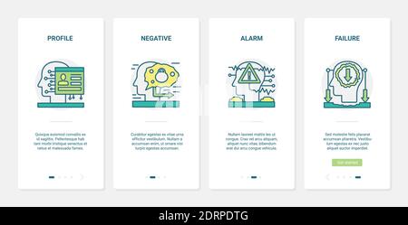 Negative Stressreaktion, menschliche Gehirn Prozess Vektor-Illustration. UX, UI Onboarding mobile App Seite Bildschirm mit Line Failure Alarm Symbole, negative schwierige Arbeit Ergebnis, erfolglose Brainstorming Stock Vektor